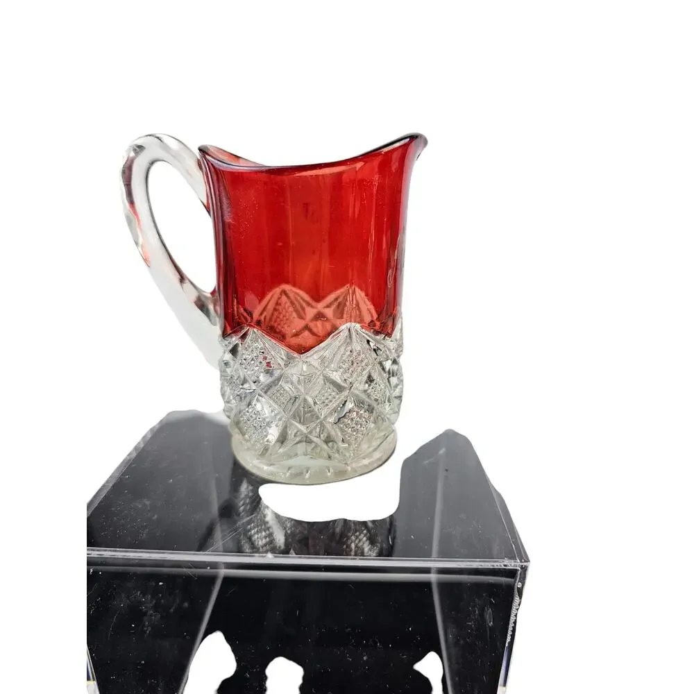 Early American Pressed Glass Creamer; Souvenir Ruby Red Upper Cut Glass Lower‎